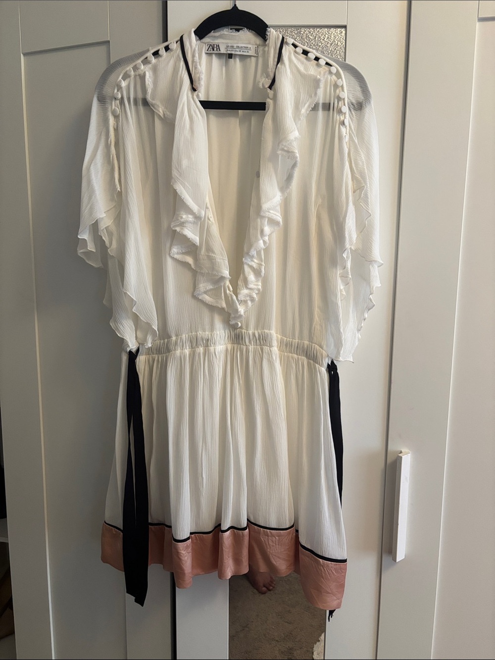 Zara collection 2023 cream Ruffle Tunic with Pink Hem and Black Trim